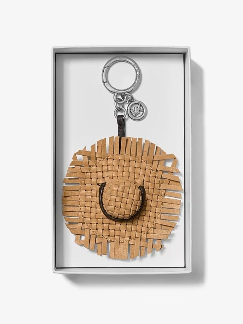 Michael Kors Tan Woven Straw Hat Keyring with Silver-Tone Logo Charm